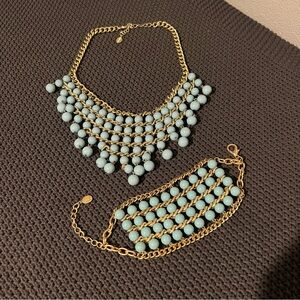 Lucia Gold Tone Vintage Blue Bib Style Fashion Necklace W/ Matching Bracelet
